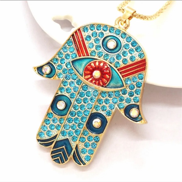 Hamsa Eye Red & Blue Enamel & Crystal Crystal Necklace NEW - Picture 2 of 5